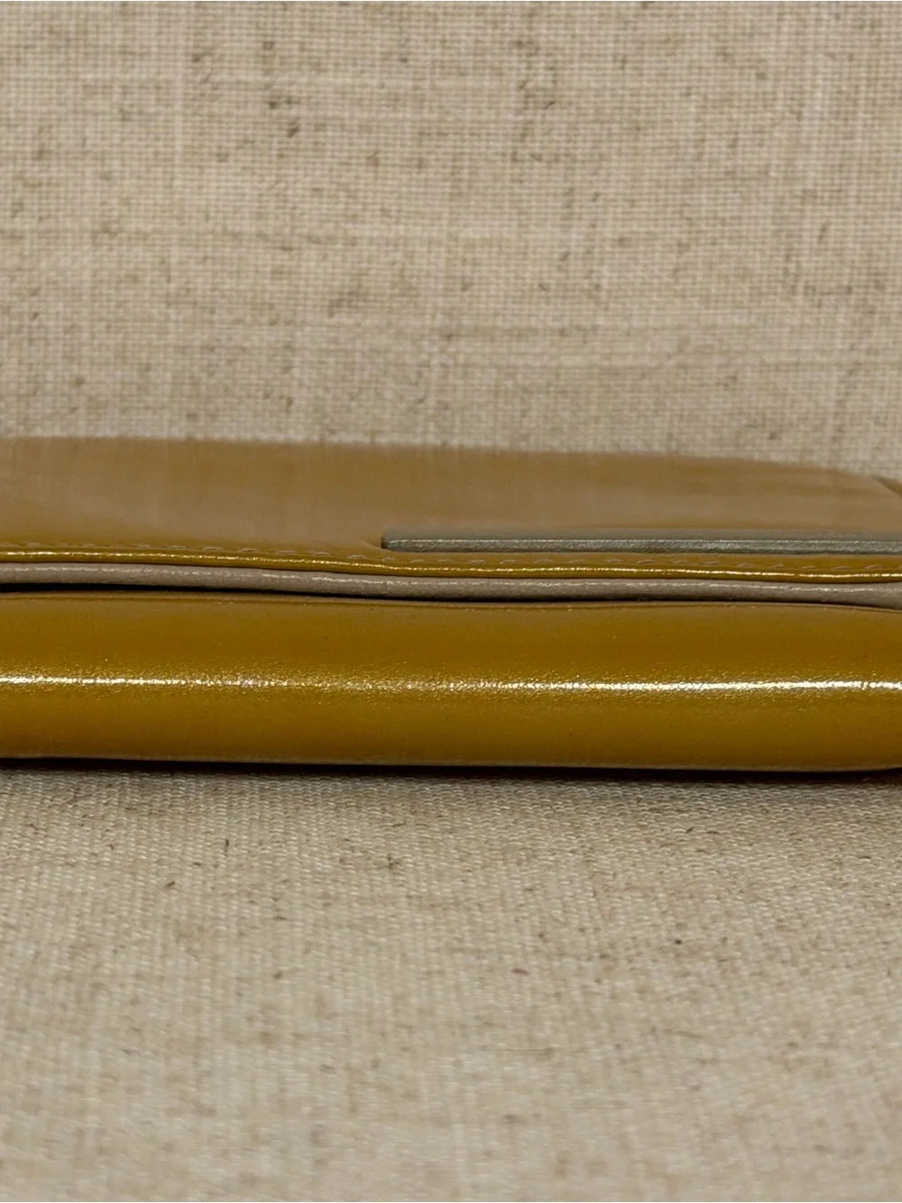 Prada Glossy Mustard Patent Leather Wallet with Silver Logo Bar